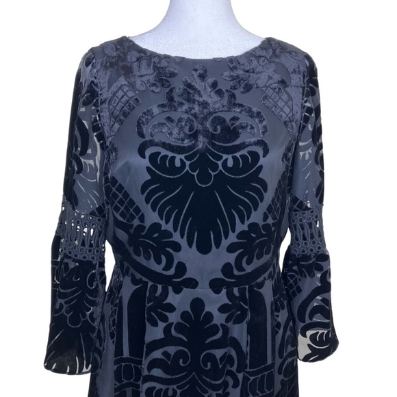 Eliza J Burnout Velvet Fit and Flare Mini Dress Bell Sleeves Dark Romance Sz 4 - Picture 4 of 16
